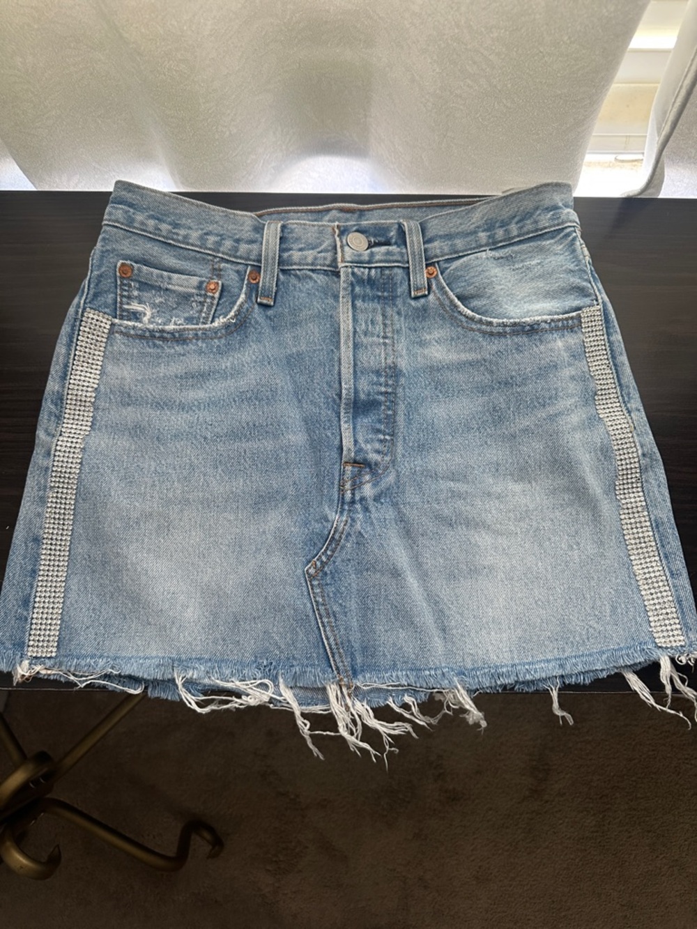 Levi's Light Blue Denim Mini Skirt with Rhinestone Side Strips